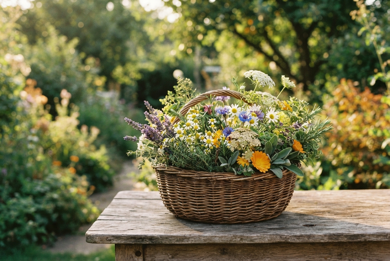 Wicker basket of colorful wildflowers on a weathered wooden table in a sunlit garden.
