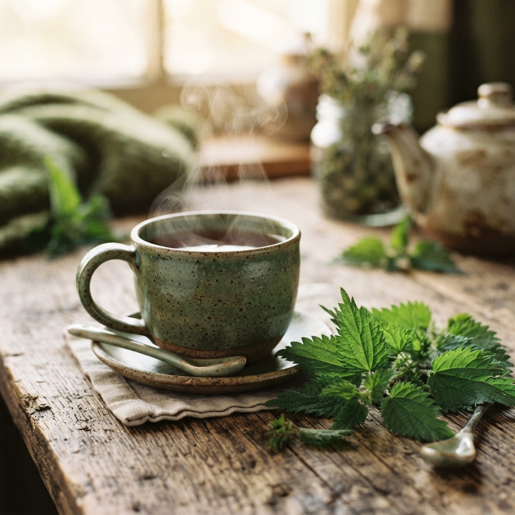 Steaming speckled green cup of tea on a saucer with fresh herbs on a rustic wooden table.