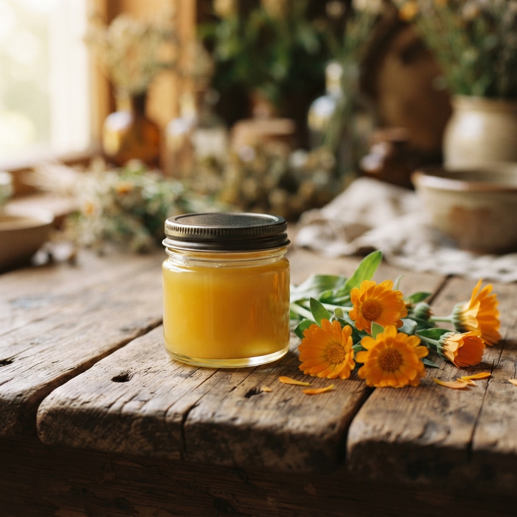 Glass jar of golden balm with orange flowers on a rustic wooden table.