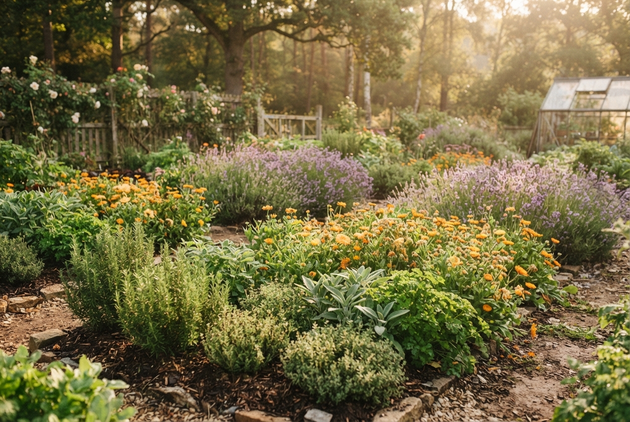 Sunlit cottage garden with orange and purple flowers, herbs, a rustic fence, trees, and a small greenhouse.
