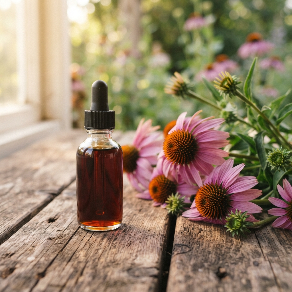 Dark dropper bottle on a rustic wooden table beside pink-purple coneflowers.