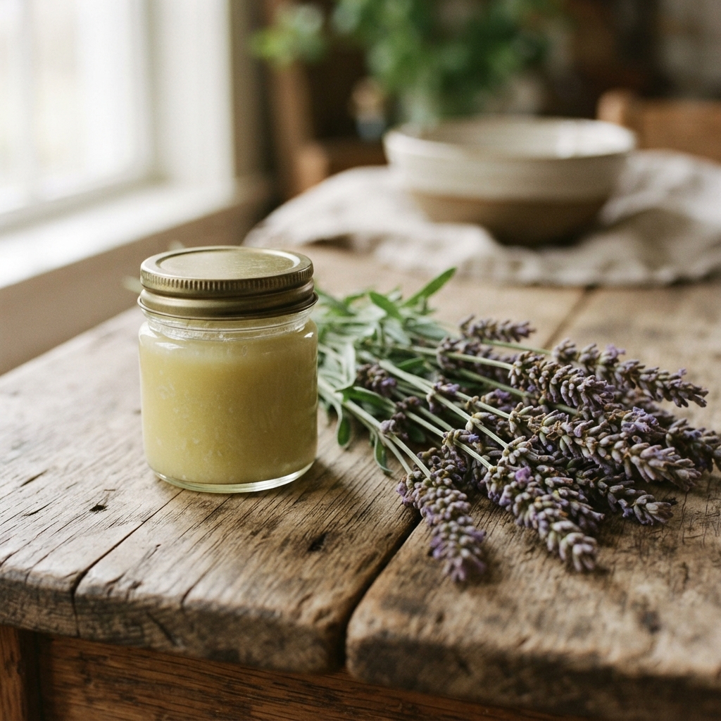 Glass jar of pale yellow balm beside lavender sprigs on a rustic wooden table.