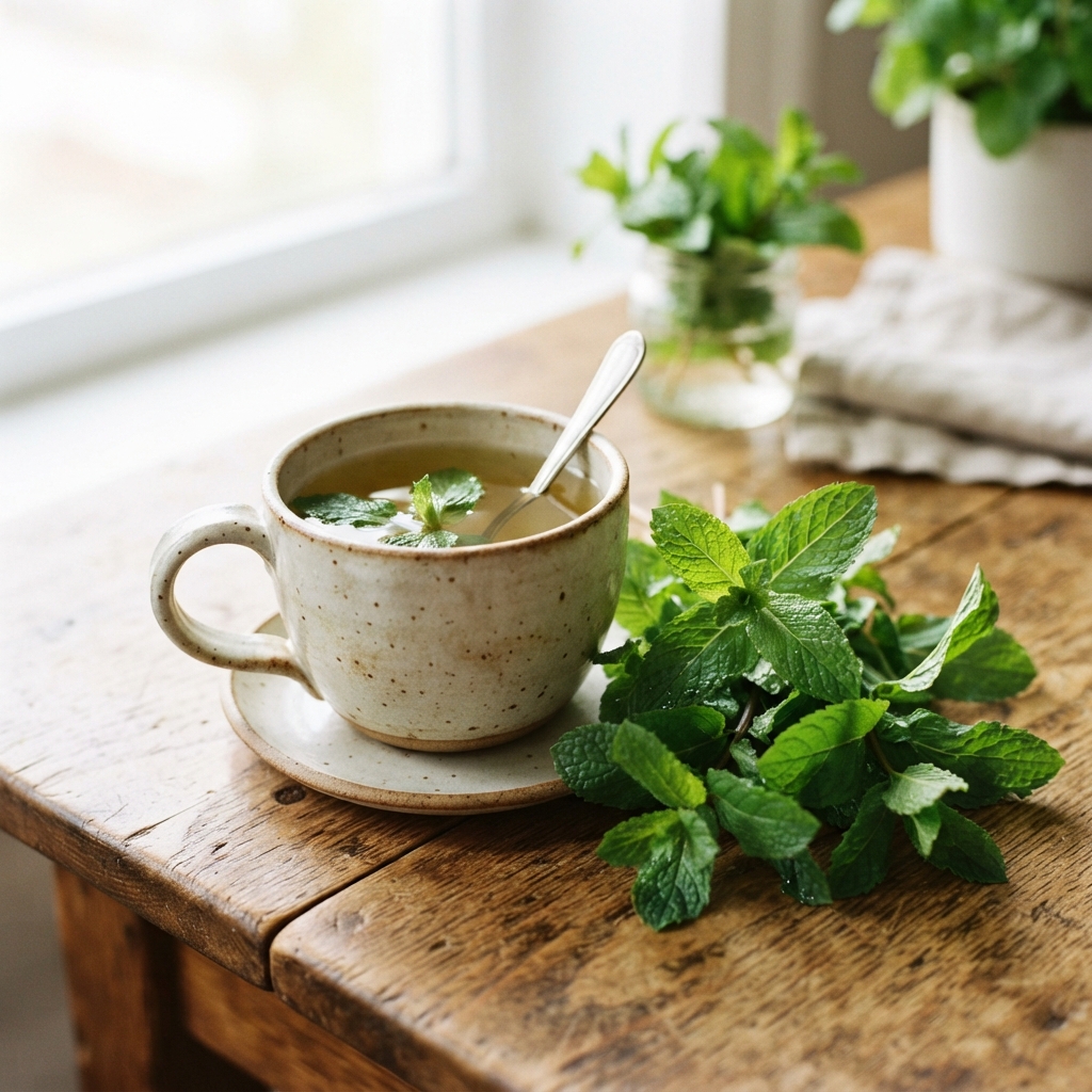 Speckled ceramic cup of mint tea with a spoon and fresh mint on a rustic wooden table.