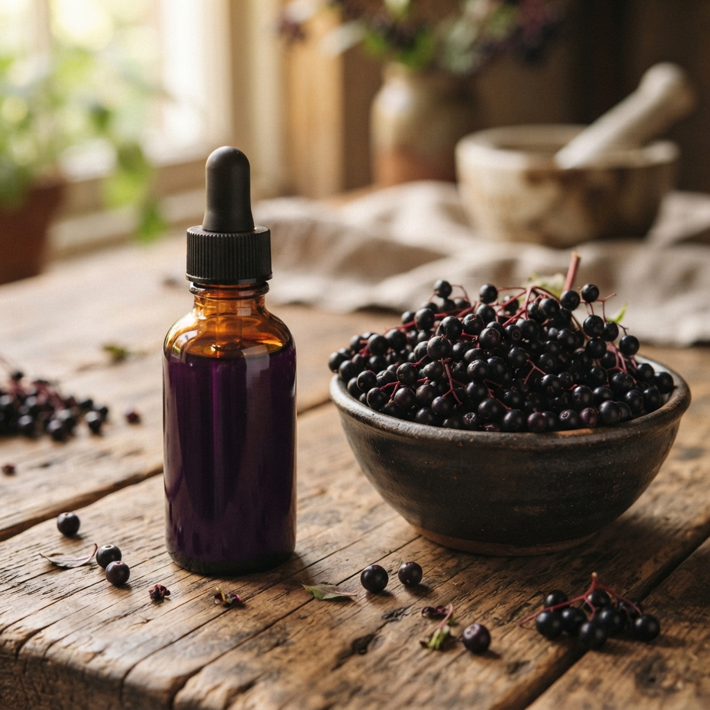 Amber dropper bottle beside a bowl of dark berries on a rustic wooden table.